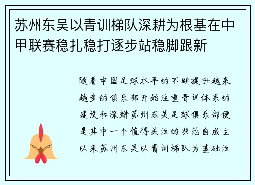 苏州东吴以青训梯队深耕为根基在中甲联赛稳扎稳打逐步站稳脚跟新 苏州东吴以青训梯队深耕为根基在中甲联赛稳扎稳打逐步站稳脚跟新