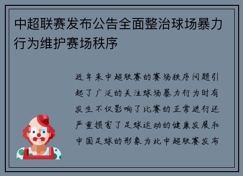 中超联赛发布公告全面整治球场暴力行为维护赛场秩序 中超联赛发布公告全面整治球场暴力行为维护赛场秩序